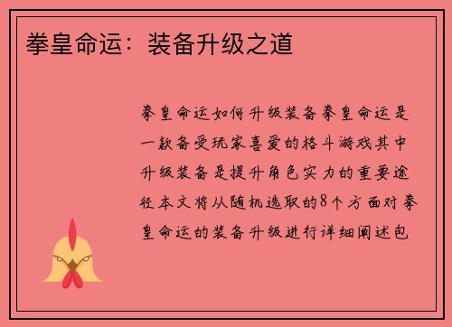 拳皇命运：装备升级之道
