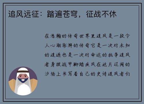 追风远征：踏遍苍穹，征战不休